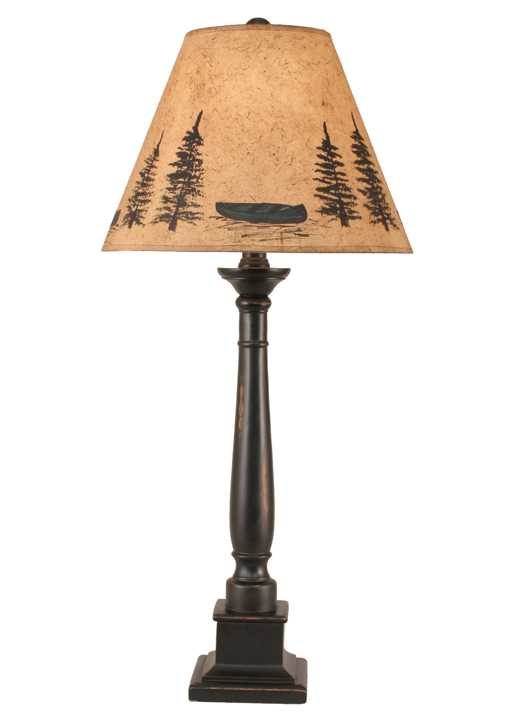 Distressed Black Square Candlestick Table Lamp w/ Canoe Scene Shade