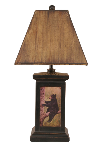 Distressed Black Square Bear in Tree Scene Table Lamp