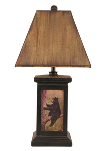 Distressed Black Square Bear in Tree Scene Table Lamp