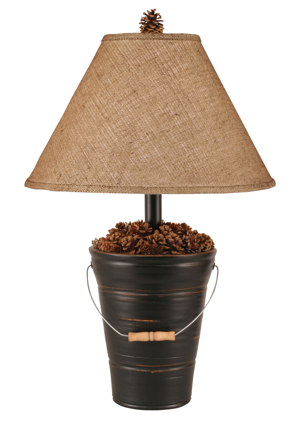 Distressed Black Bucket of Pine Cones Table Lamp