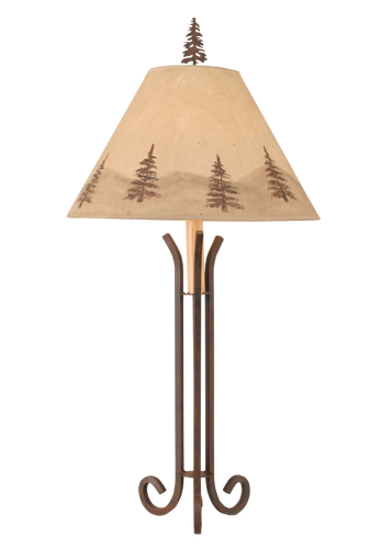 Rust Iron 3 Footed Table Lamp w/ Pine Tree Shade