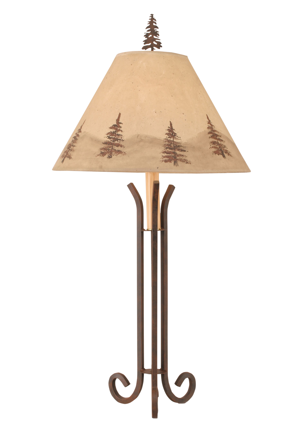Rust Iron 3 Footed Table Lamp w/ Pine Tree Shade