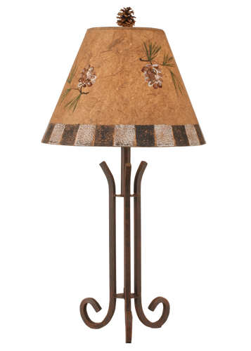 Rust Iron 3 Footed Accent Lamp w/ Pine Cone and Block Shade