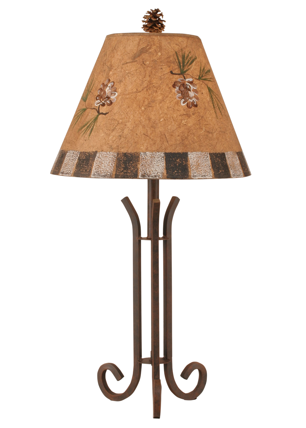Rust Iron 3 Footed Accent Lamp w/ Pine Cone and Block Shade