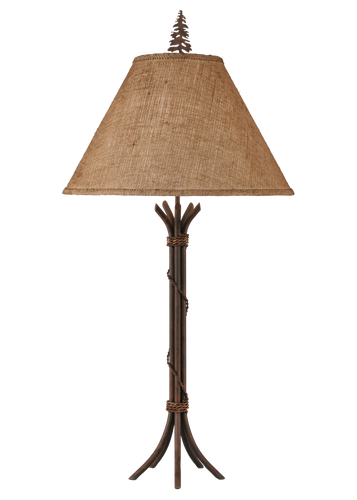 Rust Iron Table Lamp w/ Braided Wire- Burlap Shade