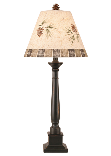 Distressed Black Square Candlestick Table Lamp w/ Pine Cone Shade