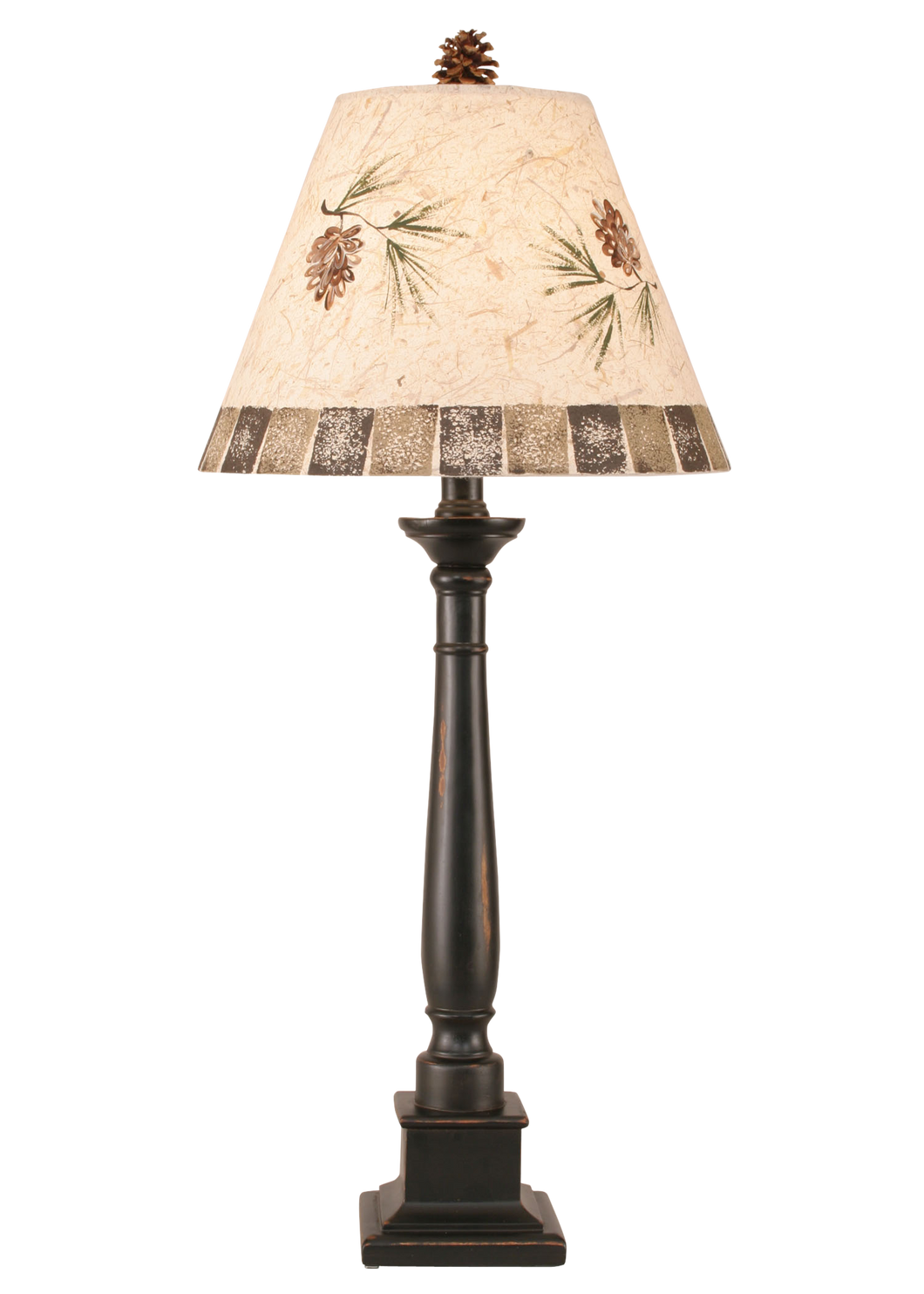 Distressed Black Square Candlestick Table Lamp w/ Pine Cone Shade