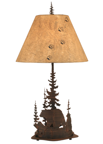 Burnt Sienna Feather Tree/Bear Scene Table Lamp