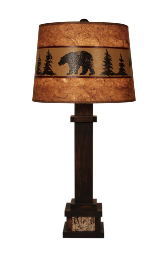 ASPEN SQUARE WOODEN LAMP WITH POPLAR BARK ACCENT- BEAR AND TREE SHADE